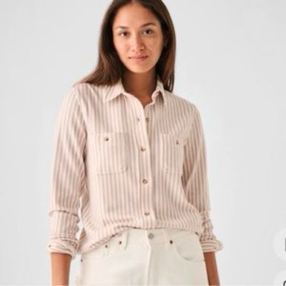 Faherty Legend sweater shirt tannin stripe beige SOFT white button collar XS